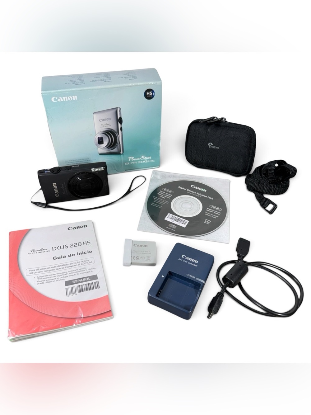 Canon PowerShot ELPH 300 HS 12.1MP Digital Camera Black Battery Charger Case Box